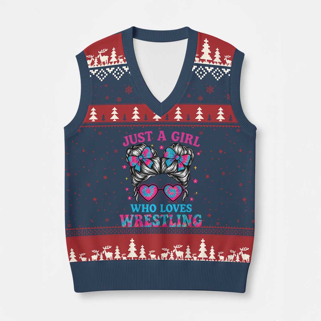 Just A Girl Who Loves Wrestling V-Neck Knit Sweater Vest Funny Wrestle Lover Wrestler Messy Bun - Wonder Print Shop