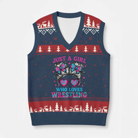 Just A Girl Who Loves Wrestling V-Neck Knit Sweater Vest Funny Wrestle Lover Wrestler Messy Bun - Wonder Print Shop