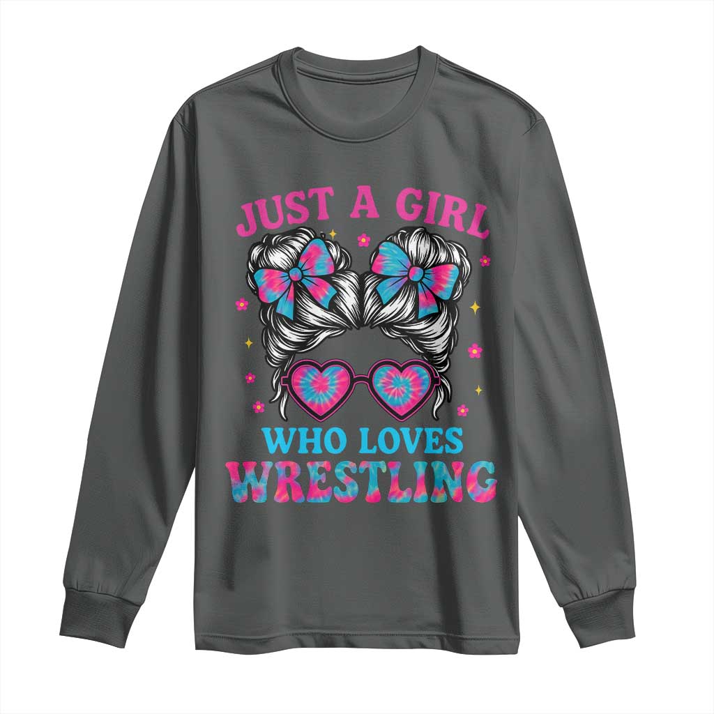 Just A Girl Who Loves Wrestling Long Sleeve Shirt Funny Wrestle Lover Wrestler Messy Bun - Wonder Print Shop
