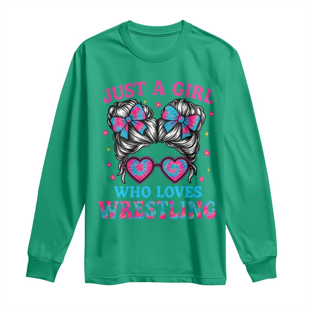 Just A Girl Who Loves Wrestling Long Sleeve Shirt Funny Wrestle Lover Wrestler Messy Bun - Wonder Print Shop