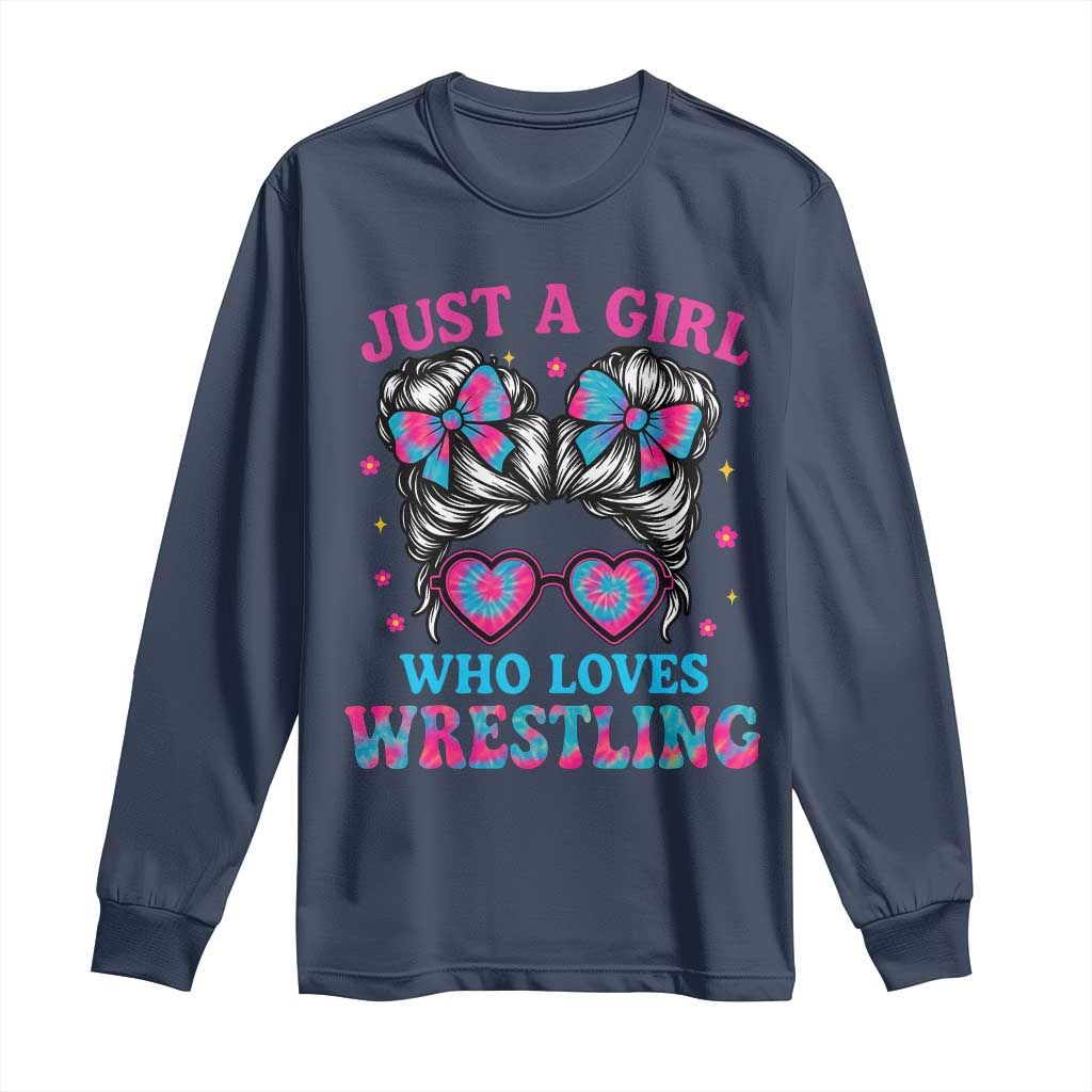 Just A Girl Who Loves Wrestling Long Sleeve Shirt Funny Wrestle Lover Wrestler Messy Bun - Wonder Print Shop