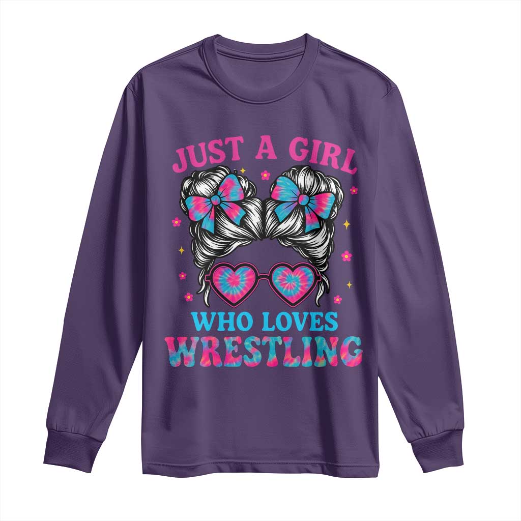 Just A Girl Who Loves Wrestling Long Sleeve Shirt Funny Wrestle Lover Wrestler Messy Bun - Wonder Print Shop