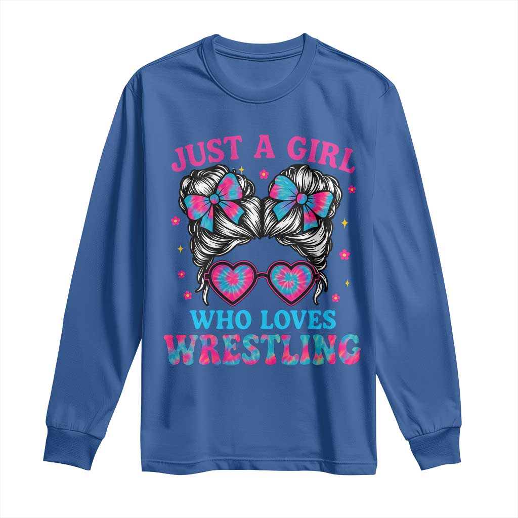 Just A Girl Who Loves Wrestling Long Sleeve Shirt Funny Wrestle Lover Wrestler Messy Bun - Wonder Print Shop