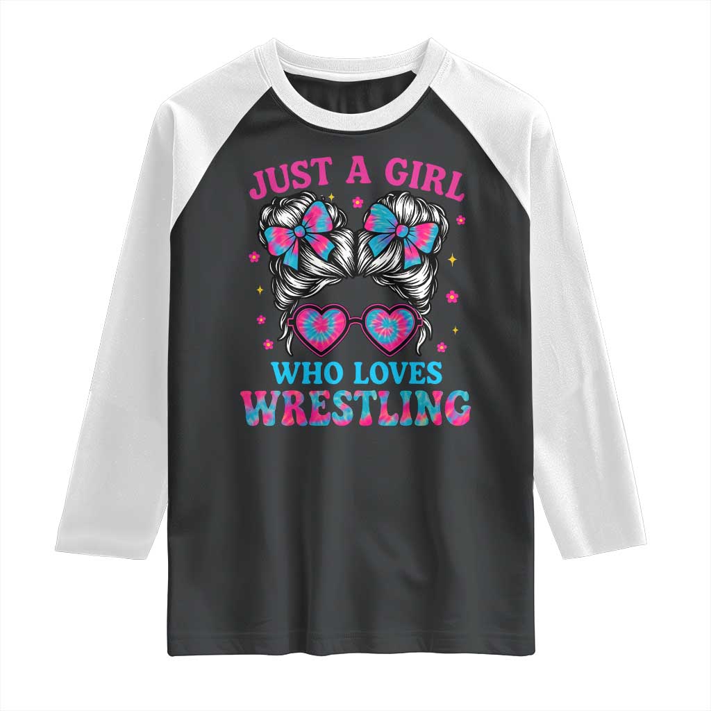 Just A Girl Who Loves Wrestling Raglan Shirt Funny Wrestle Lover Wrestler Messy Bun - Wonder Print Shop