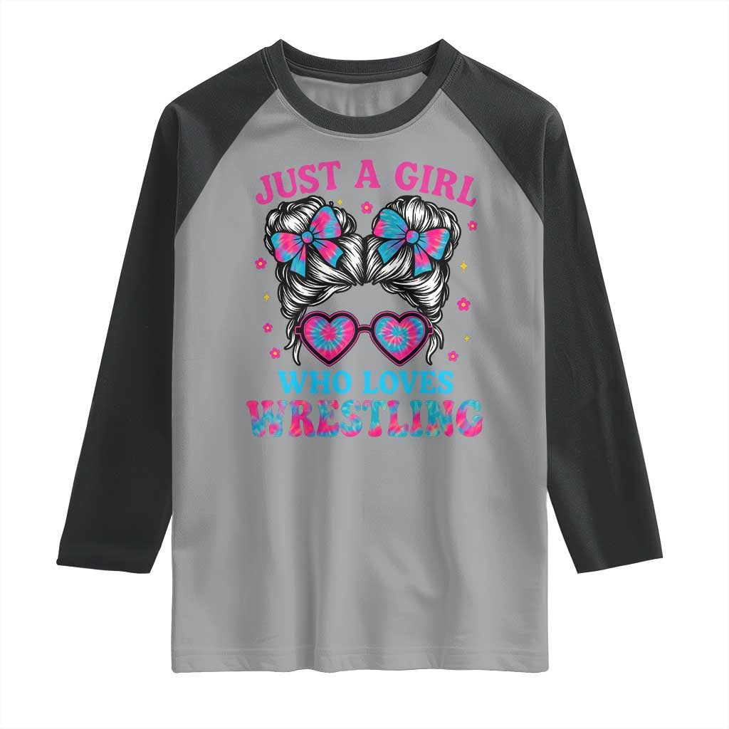 Just A Girl Who Loves Wrestling Raglan Shirt Funny Wrestle Lover Wrestler Messy Bun - Wonder Print Shop