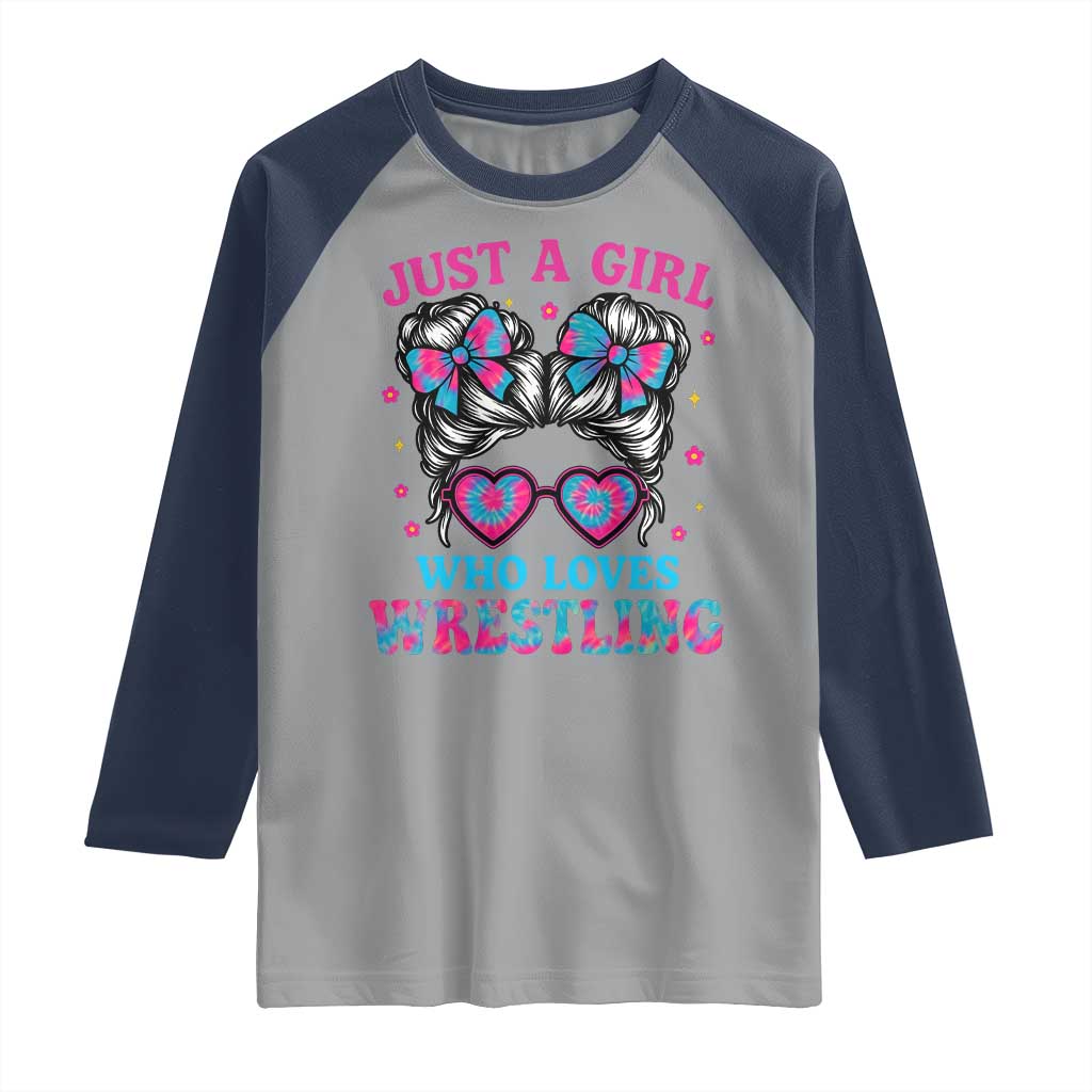 Just A Girl Who Loves Wrestling Raglan Shirt Funny Wrestle Lover Wrestler Messy Bun - Wonder Print Shop