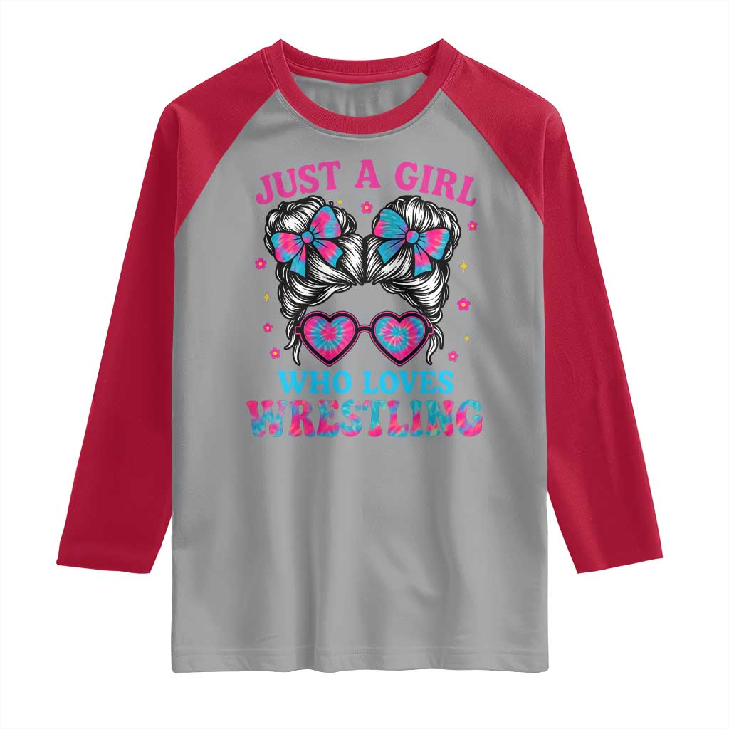 Just A Girl Who Loves Wrestling Raglan Shirt Funny Wrestle Lover Wrestler Messy Bun - Wonder Print Shop