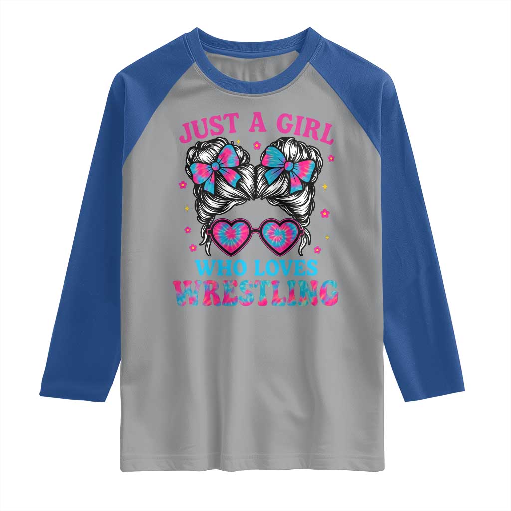 Just A Girl Who Loves Wrestling Raglan Shirt Funny Wrestle Lover Wrestler Messy Bun - Wonder Print Shop