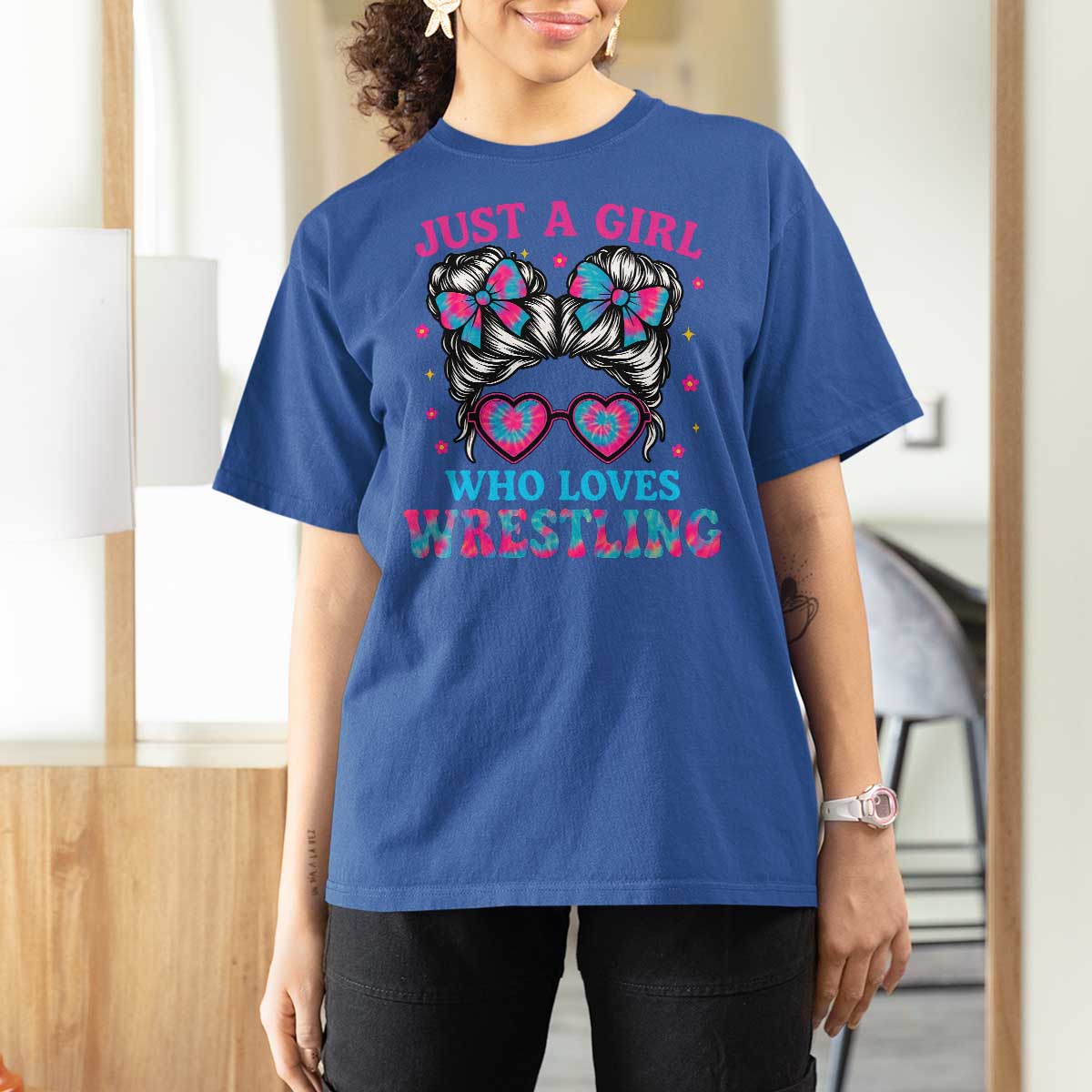 Just A Girl Who Loves Wrestling T Shirt For Women Funny Wrestle Lover Wrestler Messy Bun - Wonder Print Shop