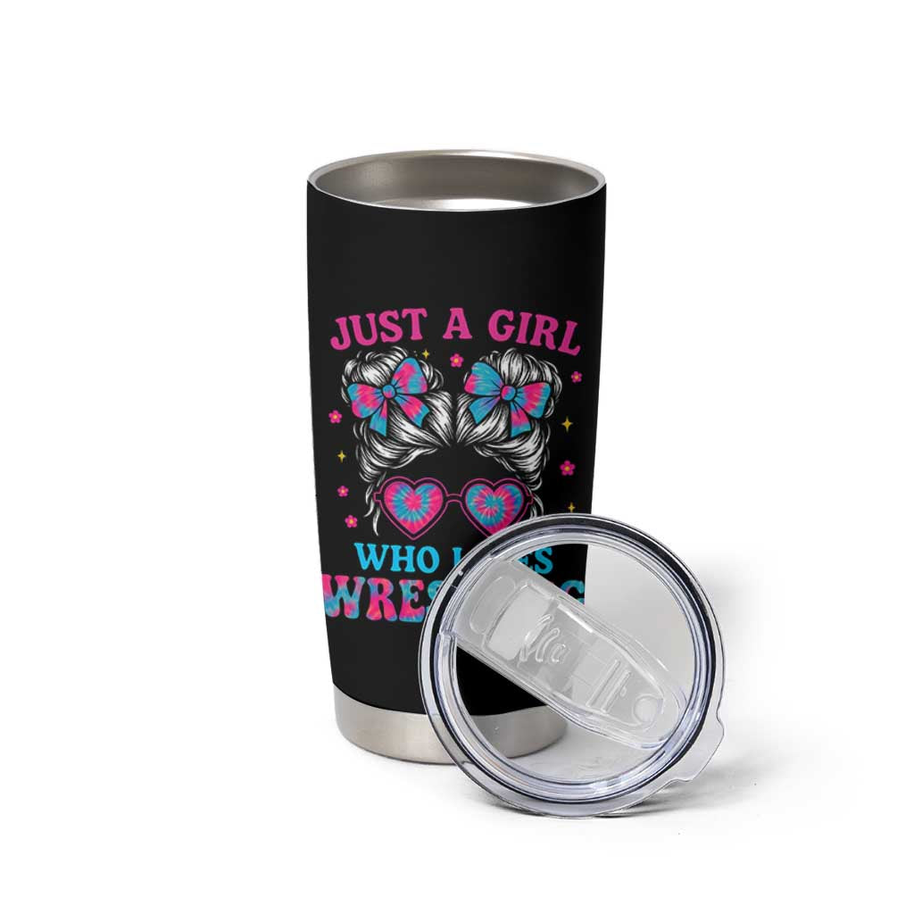 Just A Girl Who Loves Wrestling Tumbler Cup Funny Wrestle Lover Wrestler Messy Bun - Wonder Print Shop