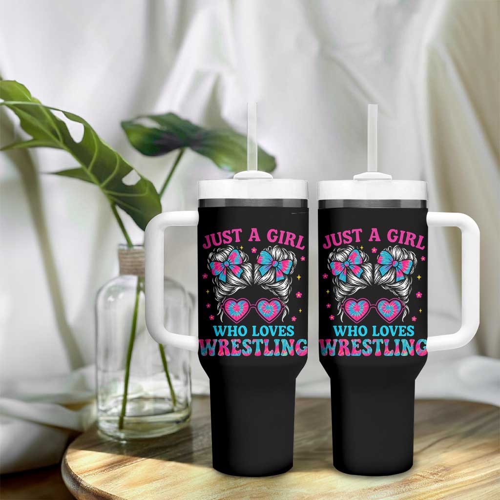 Just A Girl Who Loves Wrestling Tumbler With Handle Funny Wrestle Lover Wrestler Messy Bun - Wonder Print Shop