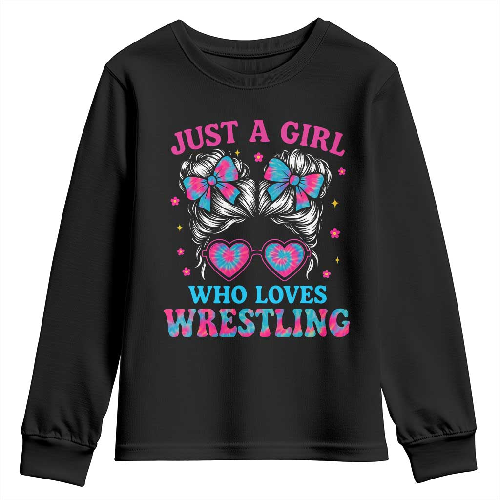 Just A Girl Who Loves Wrestling Youth Sweatshirt Funny Wrestle Lover Wrestler Messy Bun - Wonder Print Shop