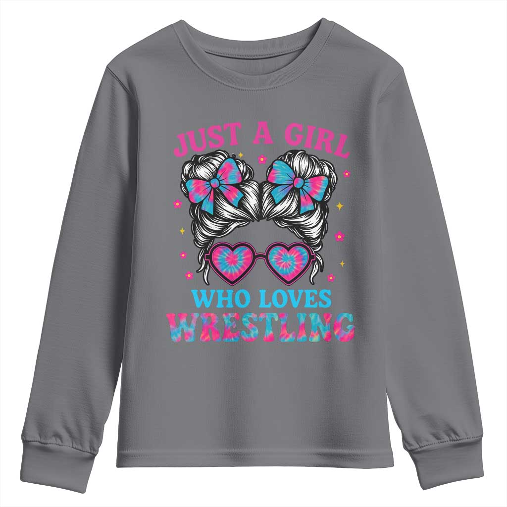 Just A Girl Who Loves Wrestling Youth Sweatshirt Funny Wrestle Lover Wrestler Messy Bun - Wonder Print Shop