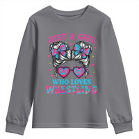 Just A Girl Who Loves Wrestling Youth Sweatshirt Funny Wrestle Lover Wrestler Messy Bun - Wonder Print Shop