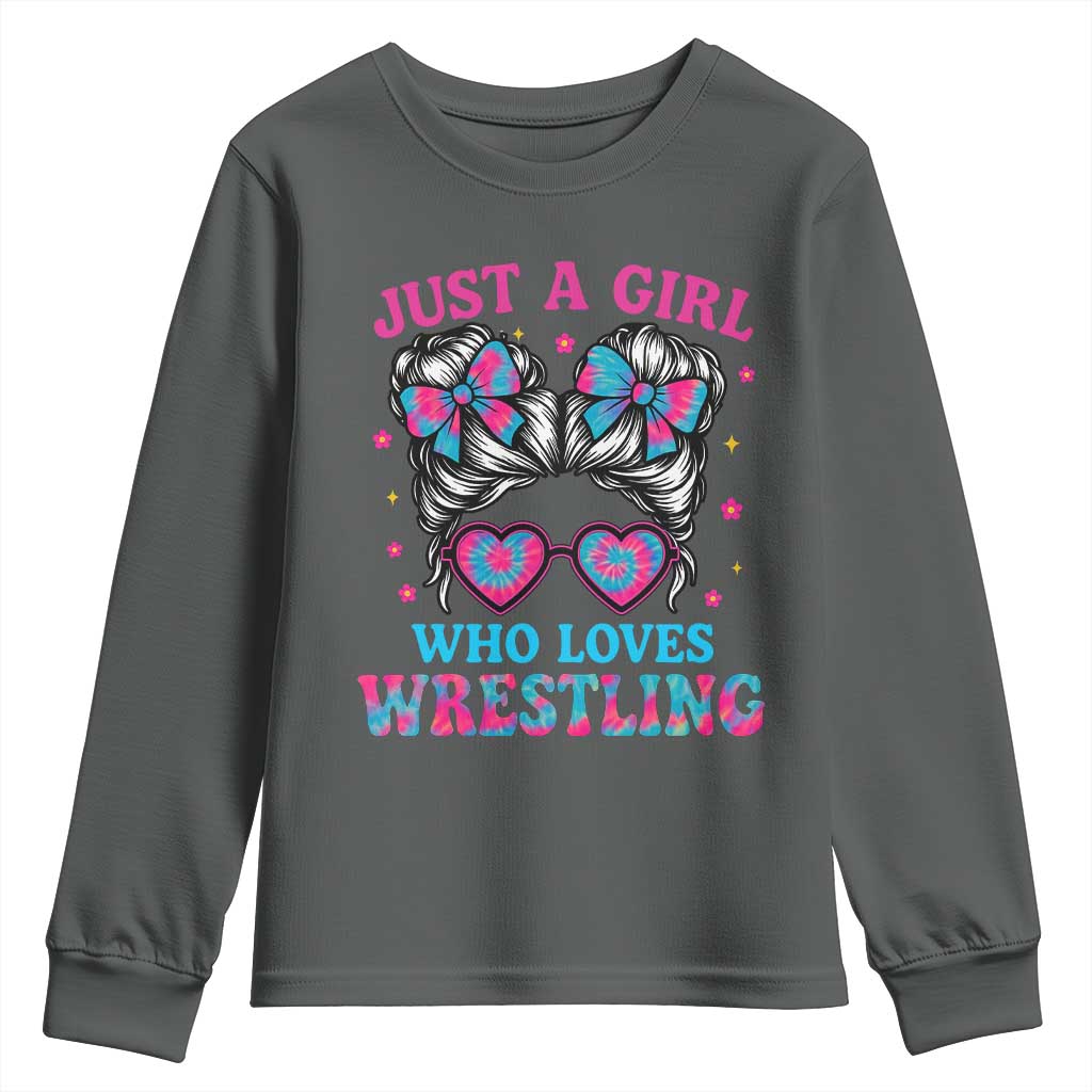 Just A Girl Who Loves Wrestling Youth Sweatshirt Funny Wrestle Lover Wrestler Messy Bun - Wonder Print Shop