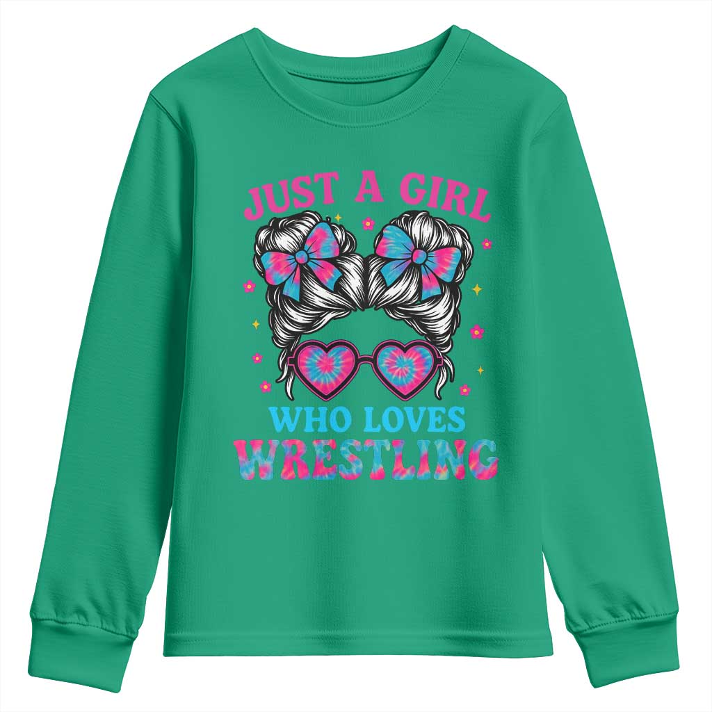 Just A Girl Who Loves Wrestling Youth Sweatshirt Funny Wrestle Lover Wrestler Messy Bun - Wonder Print Shop