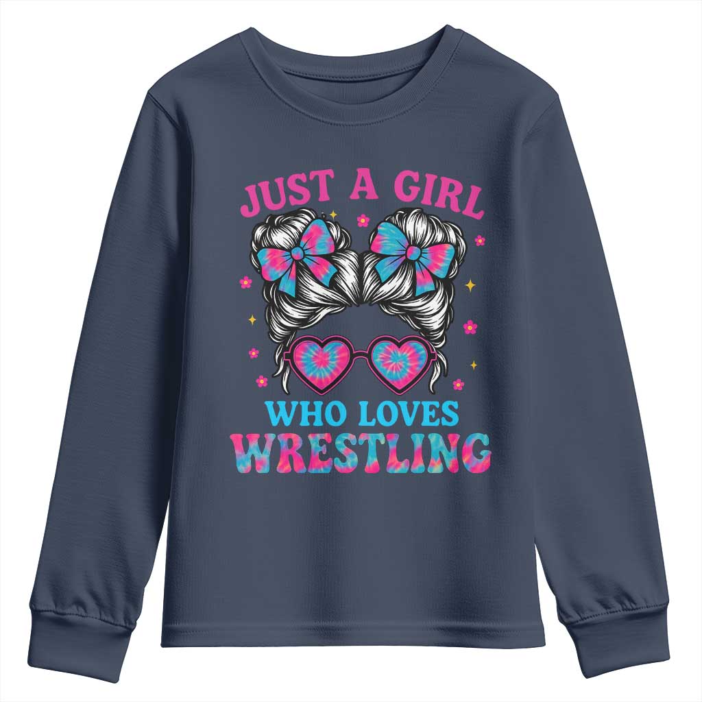Just A Girl Who Loves Wrestling Youth Sweatshirt Funny Wrestle Lover Wrestler Messy Bun - Wonder Print Shop