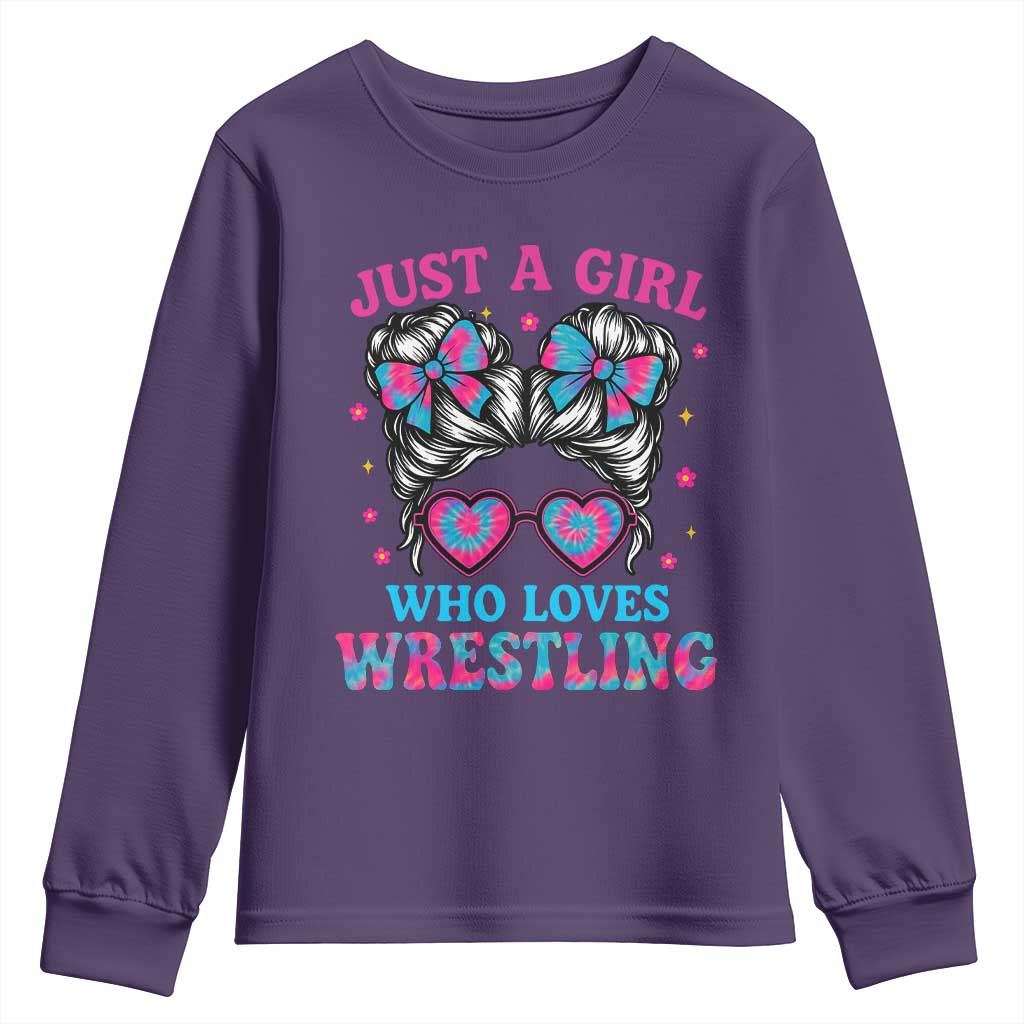 Just A Girl Who Loves Wrestling Youth Sweatshirt Funny Wrestle Lover Wrestler Messy Bun - Wonder Print Shop