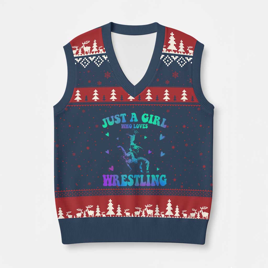Just A Girl Who Loves Wrestling V-Neck Knit Sweater Vest Funny Wrestle Lover Wrestler - Wonder Print Shop