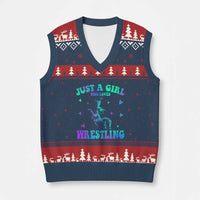 Just A Girl Who Loves Wrestling V-Neck Knit Sweater Vest Funny Wrestle Lover Wrestler - Wonder Print Shop