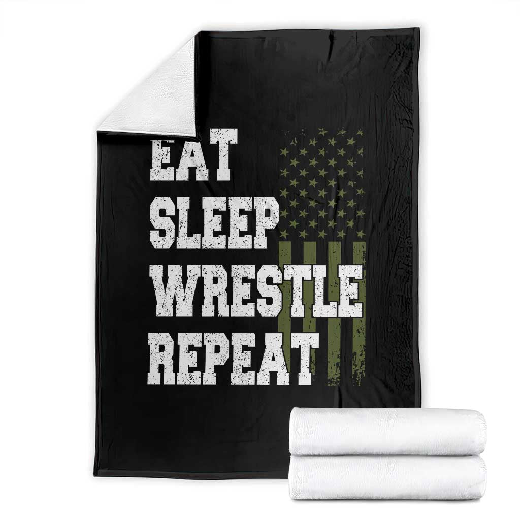 Eat Sleep Wrestle Repeat Throw Blanket Funny Wrestling Gym American Flag - Wonder Print Shop
