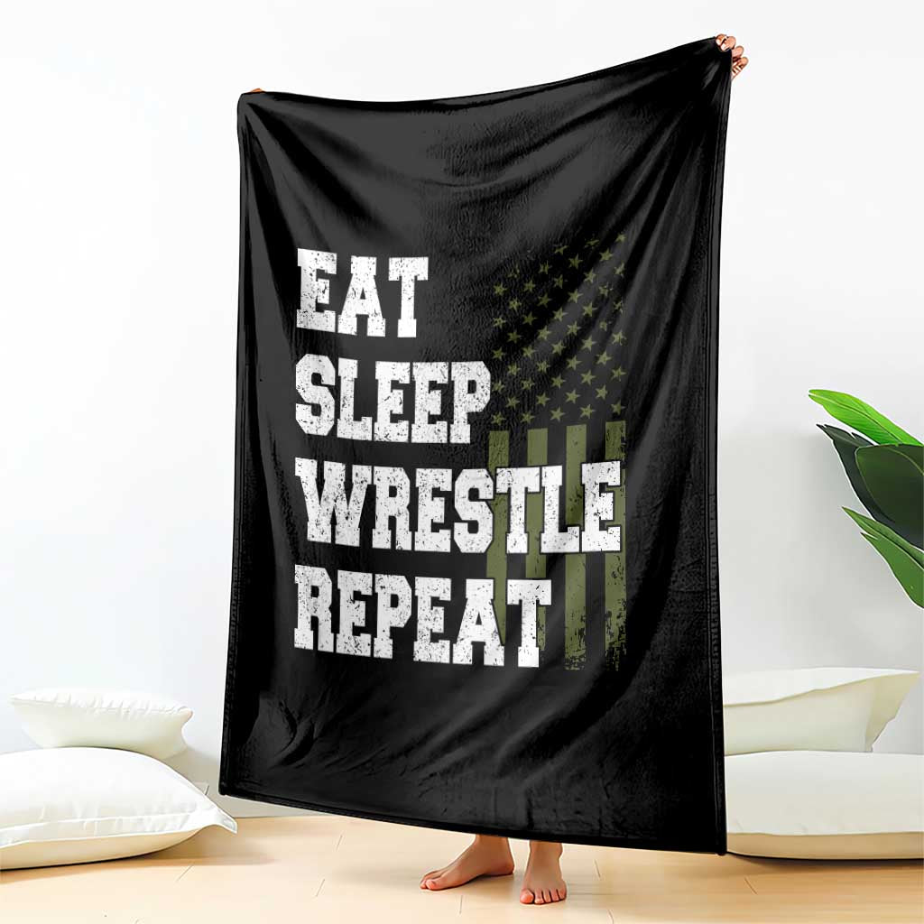 Eat Sleep Wrestle Repeat Throw Blanket Funny Wrestling Gym American Flag - Wonder Print Shop