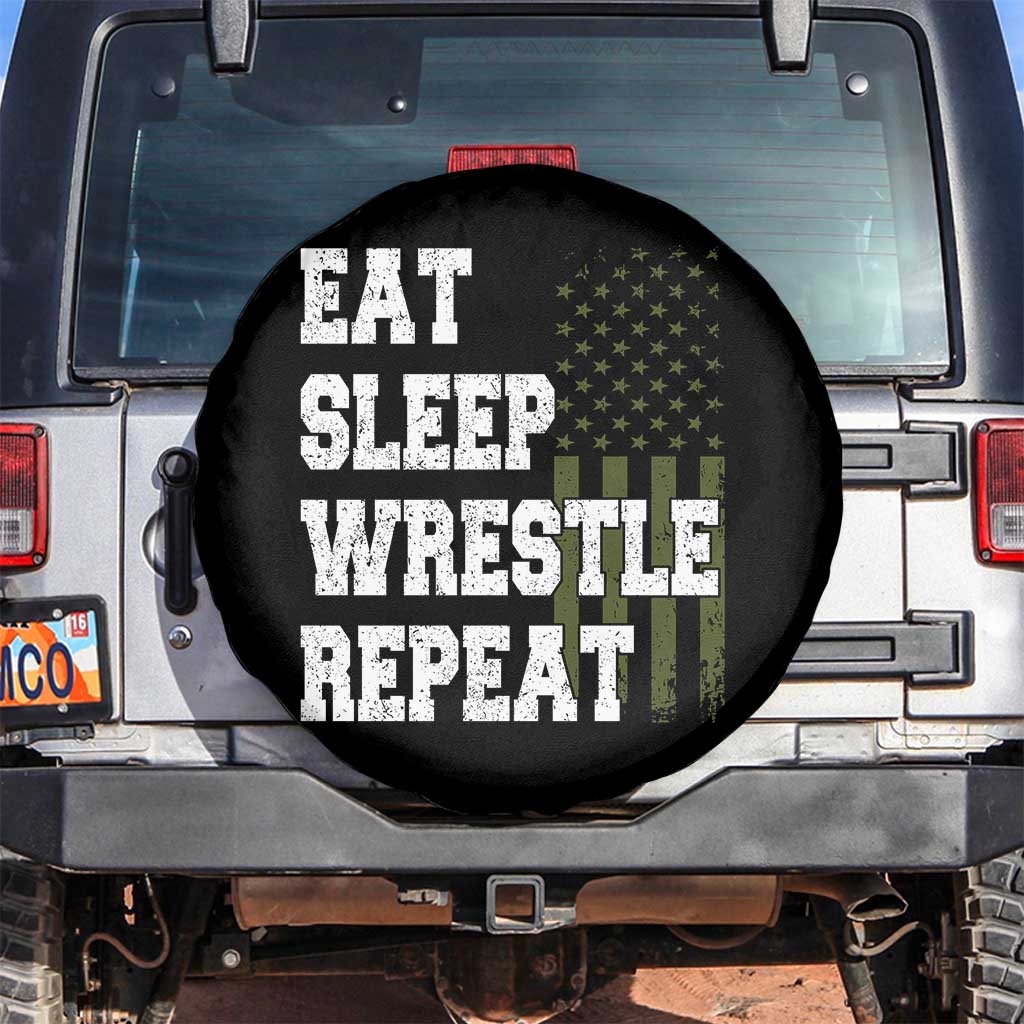 Eat Sleep Wrestle Repeat Spare Tire Cover Funny Wrestling Gym American Flag - Wonder Print Shop