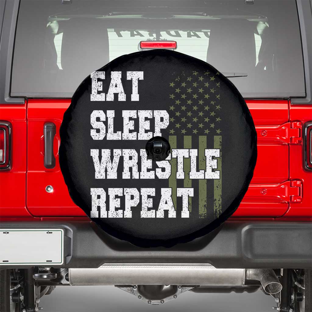 Eat Sleep Wrestle Repeat Spare Tire Cover Funny Wrestling Gym American Flag - Wonder Print Shop