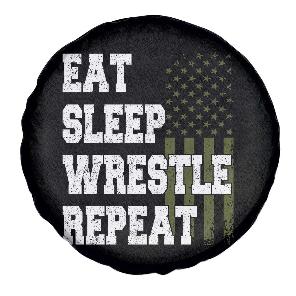 Eat Sleep Wrestle Repeat Spare Tire Cover Funny Wrestling Gym American Flag - Wonder Print Shop