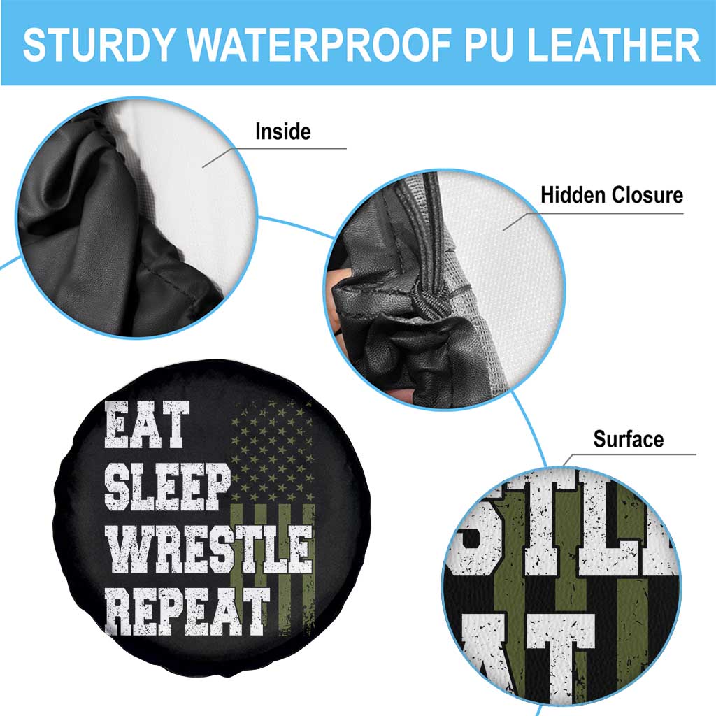 Eat Sleep Wrestle Repeat Spare Tire Cover Funny Wrestling Gym American Flag - Wonder Print Shop