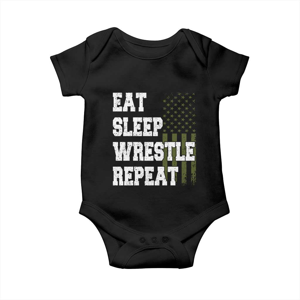 Eat Sleep Wrestle Repeat Baby Onesie Funny Wrestling Gym American Flag - Wonder Print Shop