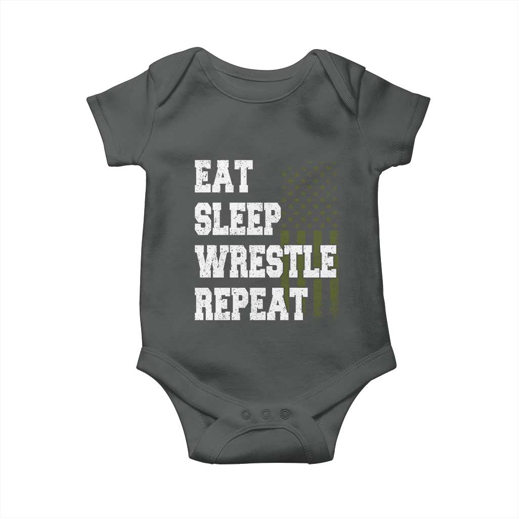 Eat Sleep Wrestle Repeat Baby Onesie Funny Wrestling Gym American Flag - Wonder Print Shop