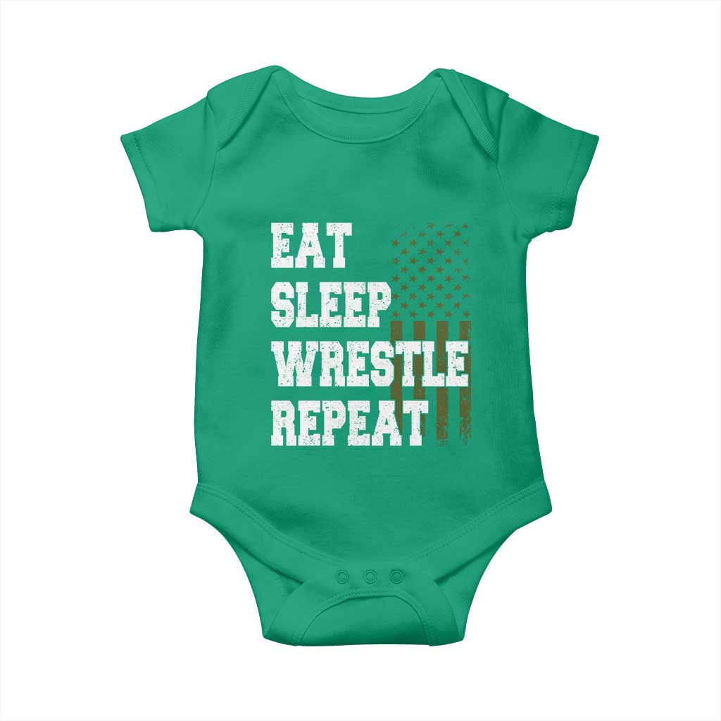 Eat Sleep Wrestle Repeat Baby Onesie Funny Wrestling Gym American Flag - Wonder Print Shop