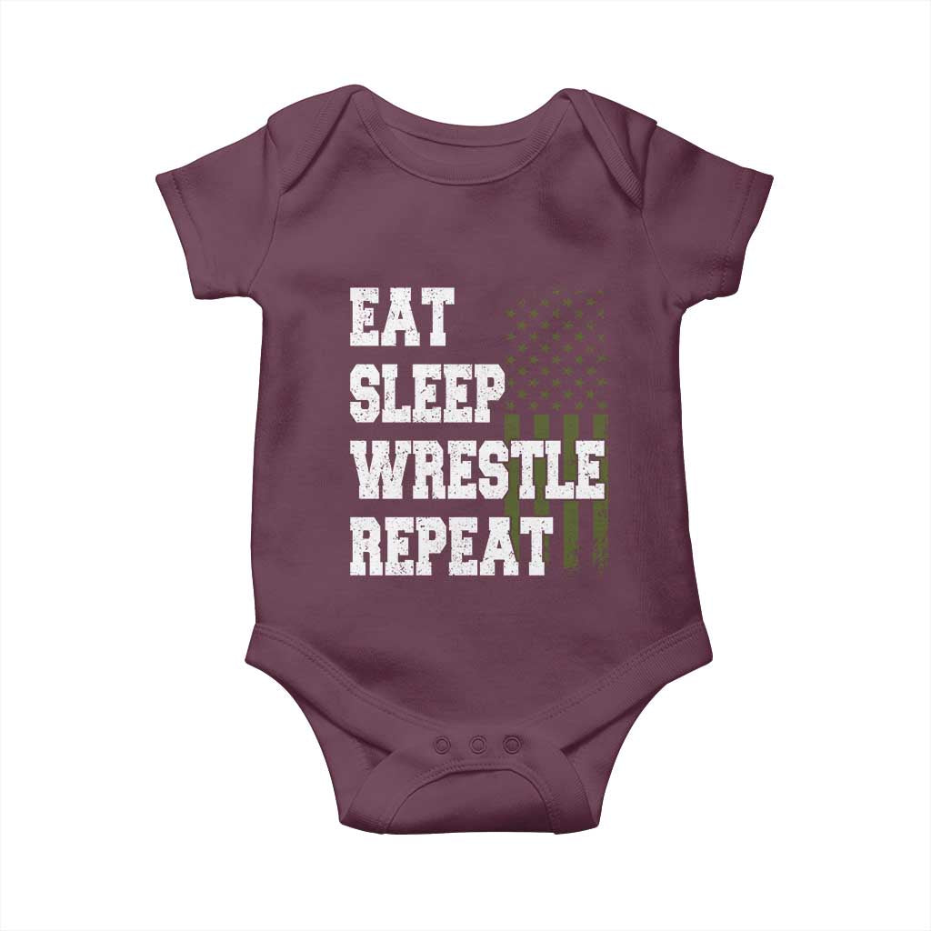 Eat Sleep Wrestle Repeat Baby Onesie Funny Wrestling Gym American Flag - Wonder Print Shop