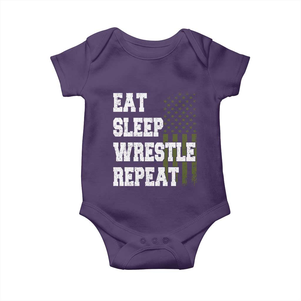 Eat Sleep Wrestle Repeat Baby Onesie Funny Wrestling Gym American Flag - Wonder Print Shop