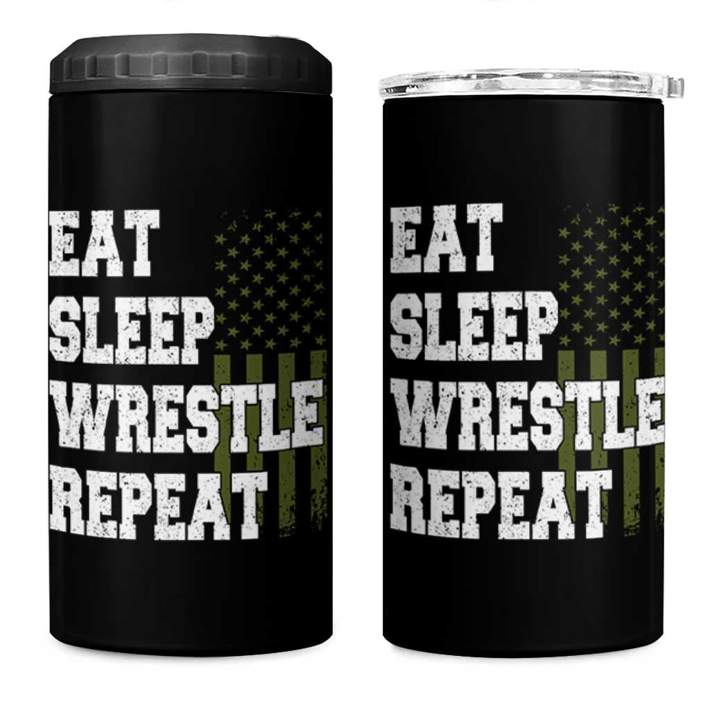 Eat Sleep Wrestle Repeat 4 in 1 Can Cooler Tumbler Funny Wrestling Gym American Flag - Wonder Print Shop