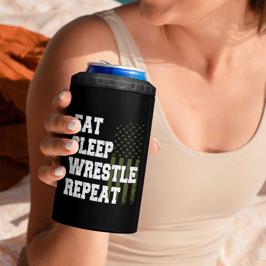 Eat Sleep Wrestle Repeat 4 in 1 Can Cooler Tumbler Funny Wrestling Gym American Flag - Wonder Print Shop