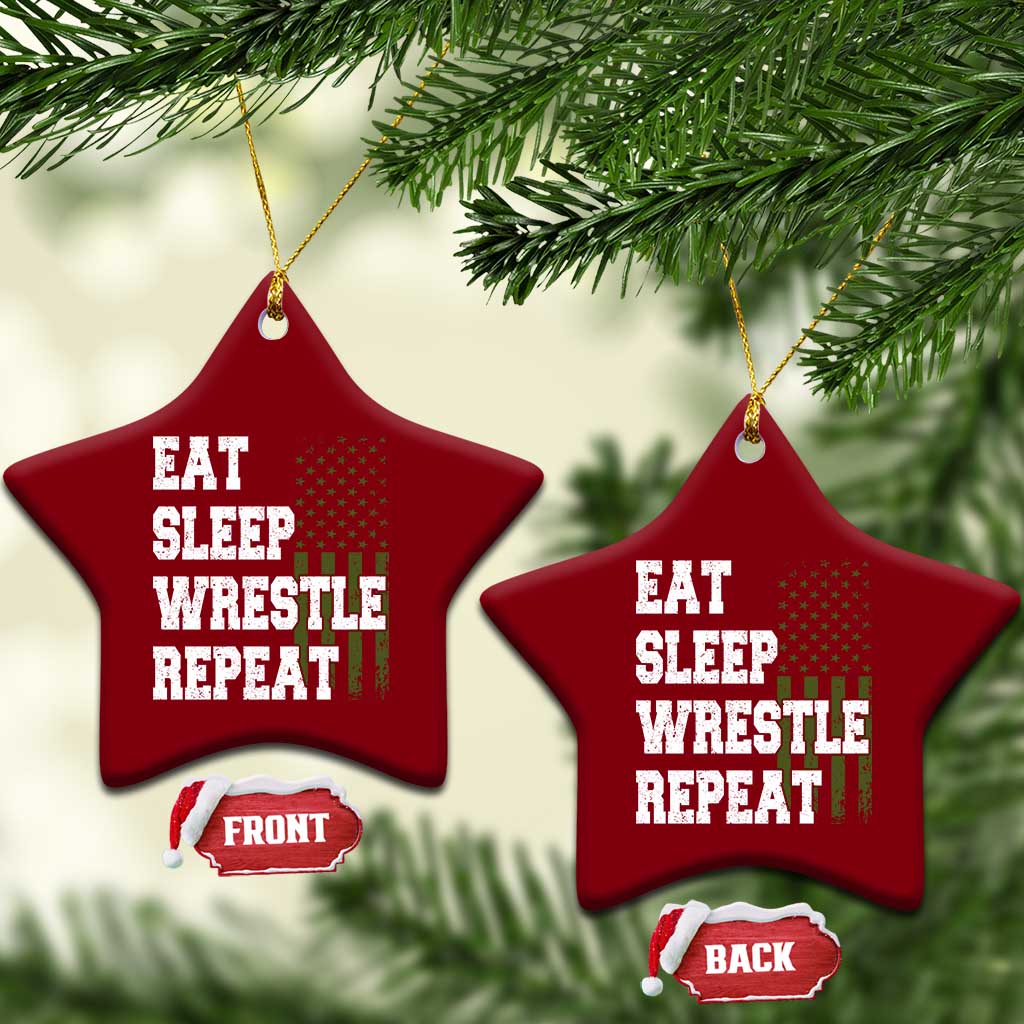 Eat Sleep Wrestle Repeat Ceramic Ornament Funny Wrestling Gym American Flag - Wonder Print Shop
