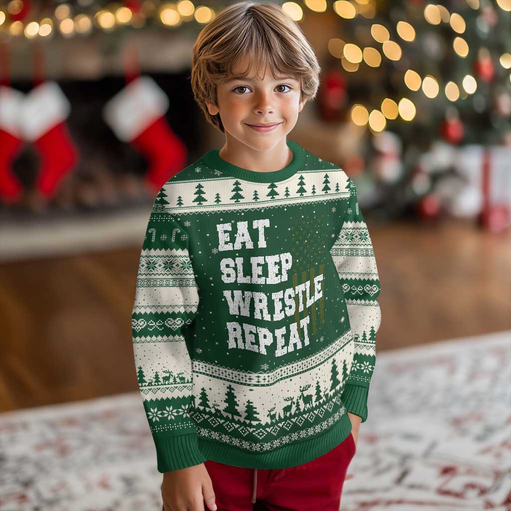 Eat Sleep Wrestle Repeat Ugly Christmas Sweater Funny Wrestling Gym American Flag - Wonder Print Shop