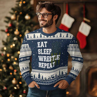 Eat Sleep Wrestle Repeat Ugly Christmas Sweater Funny Wrestling Gym American Flag - Wonder Print Shop