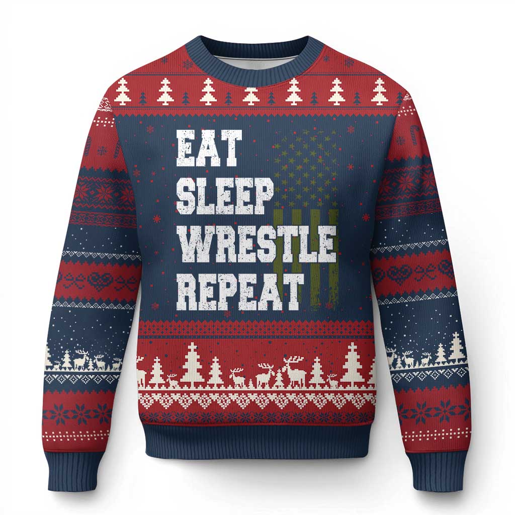 Eat Sleep Wrestle Repeat Ugly Christmas Sweater Funny Wrestling Gym American Flag - Wonder Print Shop