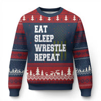 Eat Sleep Wrestle Repeat Ugly Christmas Sweater Funny Wrestling Gym American Flag - Wonder Print Shop