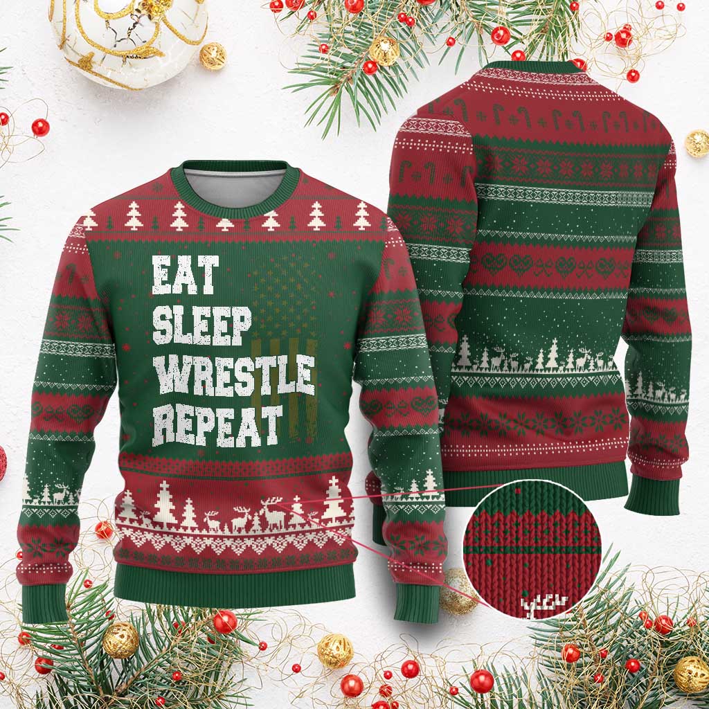 Eat Sleep Wrestle Repeat Ugly Christmas Sweater Funny Wrestling Gym American Flag - Wonder Print Shop