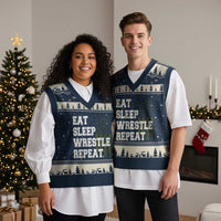 Eat Sleep Wrestle Repeat V-Neck Knit Sweater Vest Funny Wrestling Gym American Flag - Wonder Print Shop