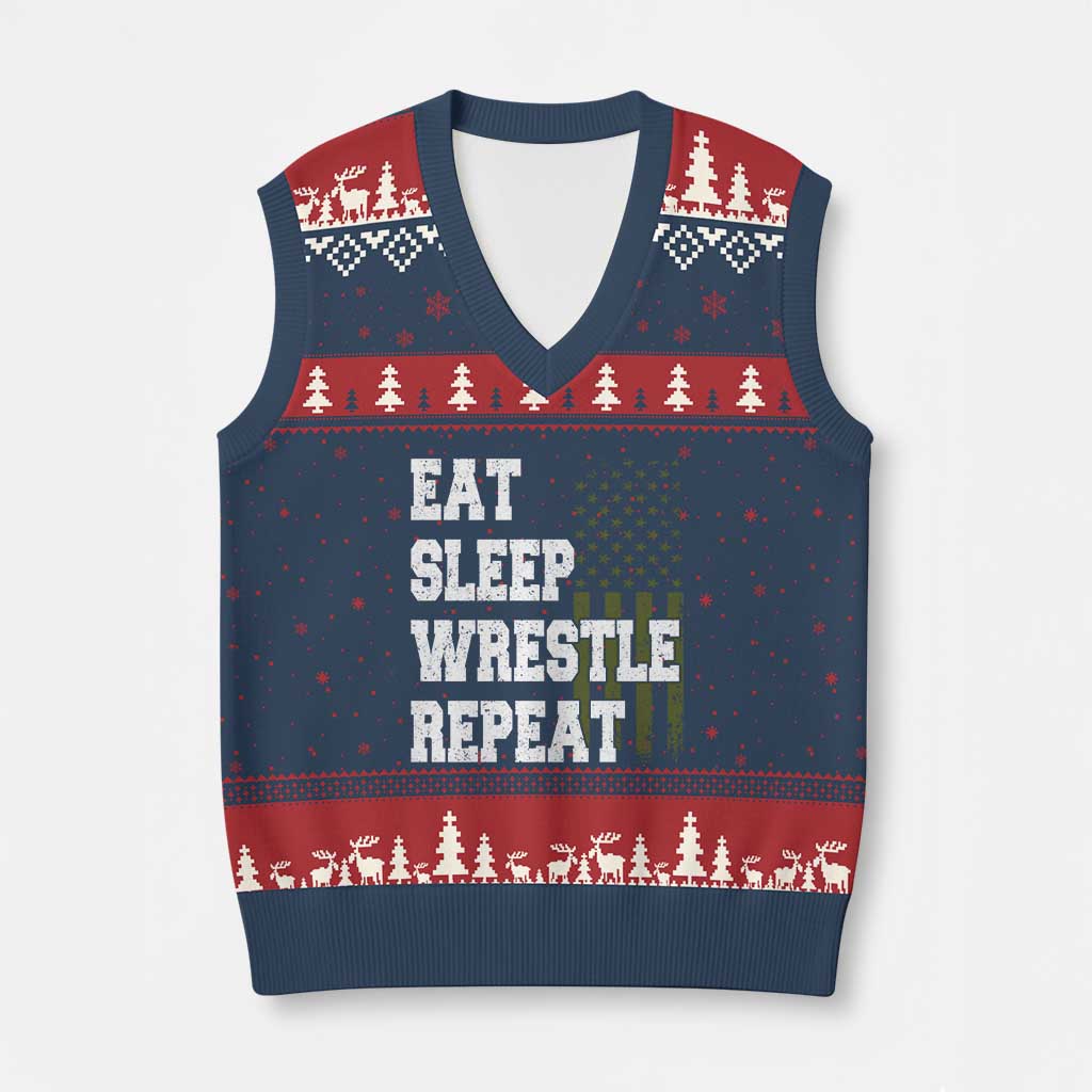 Eat Sleep Wrestle Repeat V-Neck Knit Sweater Vest Funny Wrestling Gym American Flag - Wonder Print Shop