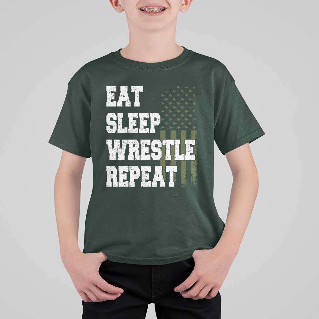 Eat Sleep Wrestle Repeat T Shirt For Kid Funny Wrestling Gym American Flag - Wonder Print Shop