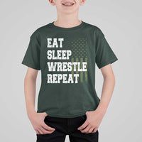 Eat Sleep Wrestle Repeat T Shirt For Kid Funny Wrestling Gym American Flag - Wonder Print Shop