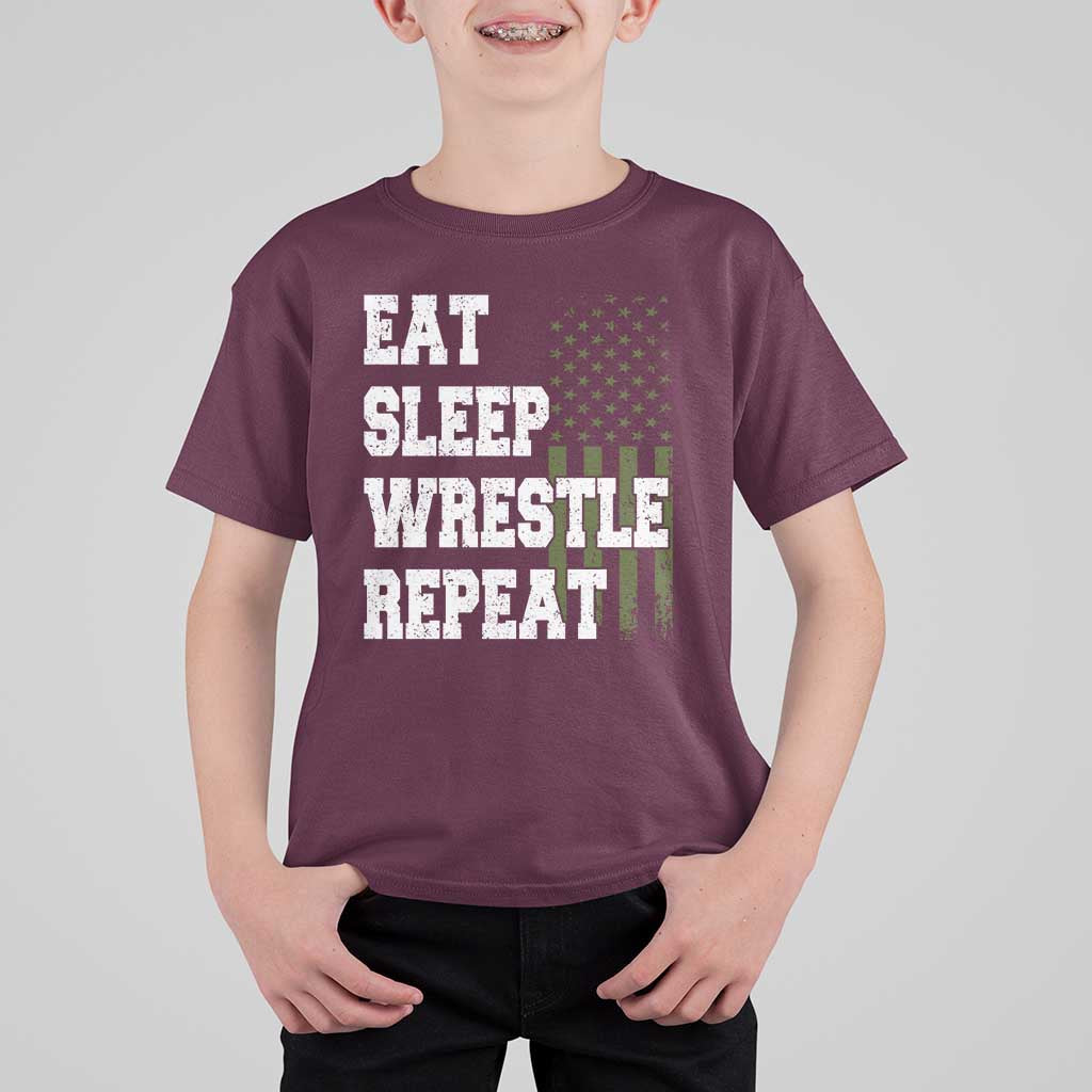 Eat Sleep Wrestle Repeat T Shirt For Kid Funny Wrestling Gym American Flag - Wonder Print Shop