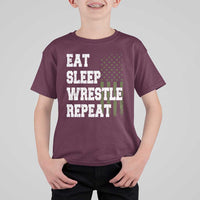 Eat Sleep Wrestle Repeat T Shirt For Kid Funny Wrestling Gym American Flag - Wonder Print Shop