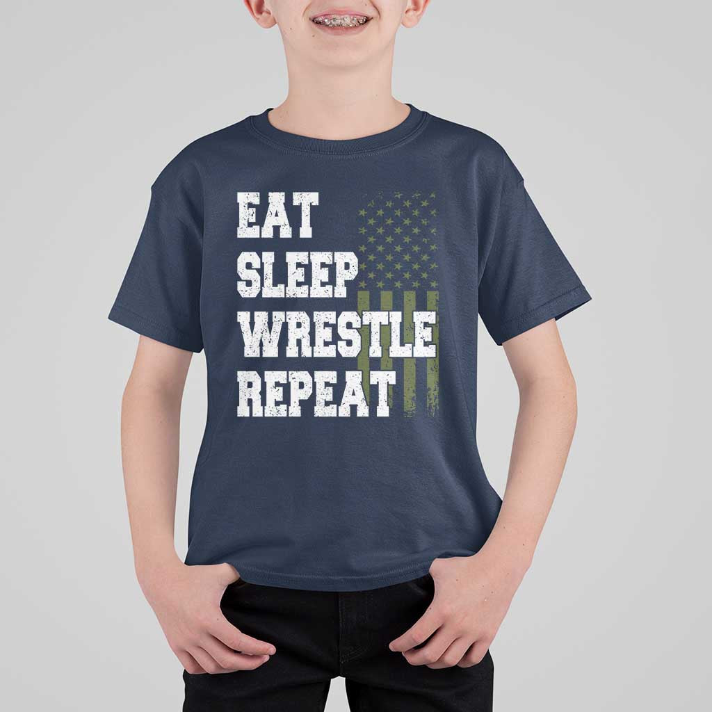 Eat Sleep Wrestle Repeat T Shirt For Kid Funny Wrestling Gym American Flag - Wonder Print Shop